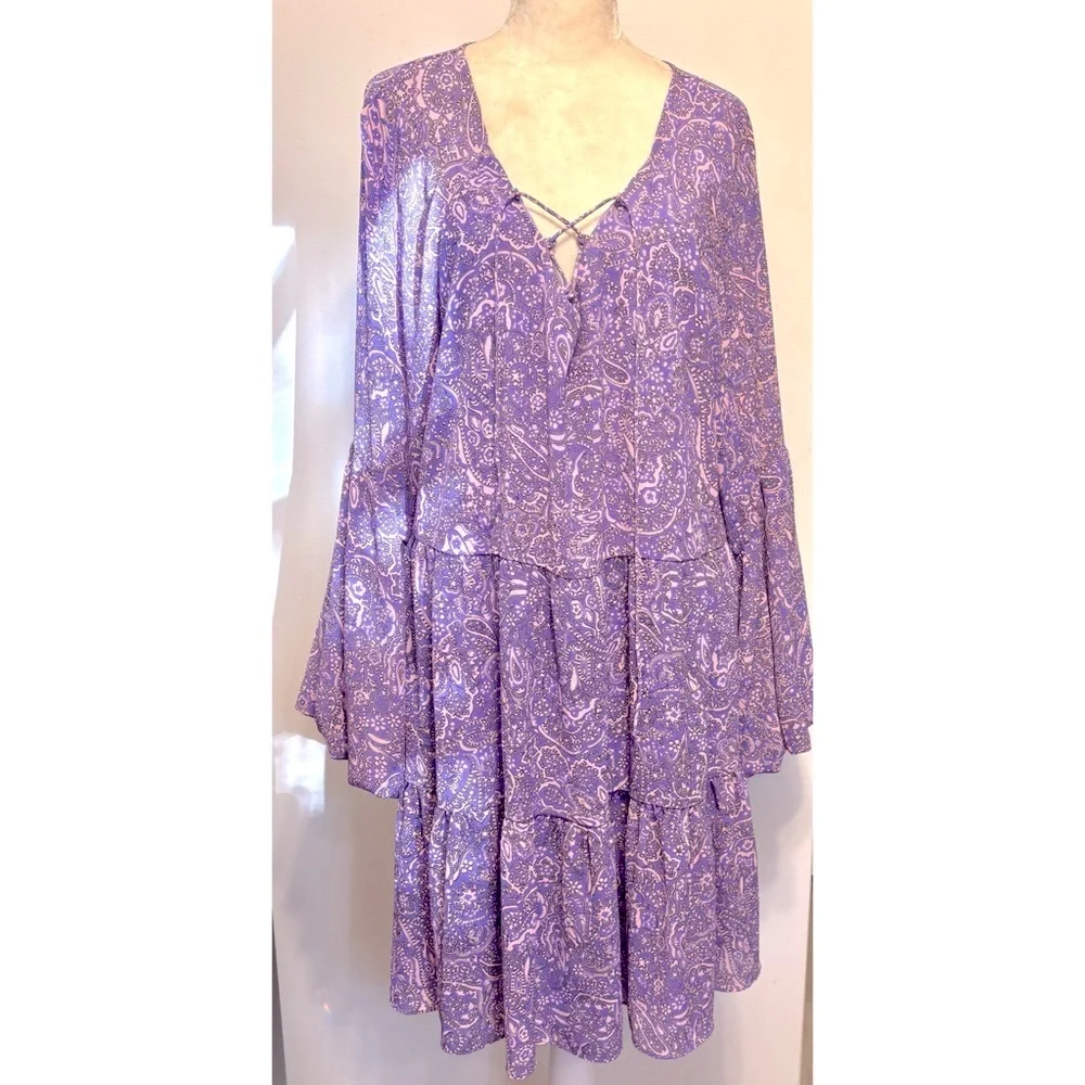 Vince Camuto Flowy Boho Dress Lilac-Purple Long Puff Sleeves Empire Waist -Large